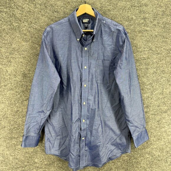 Lands' End Shirt Men 16 Blue Button Up Collared Long Sleeve Pockets Traditional - Picture 1 of 7